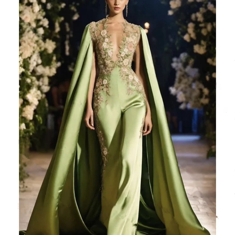 Women'S Formal Jumpsuit Evening Wear - Elegant Green Prom Jumpsuit with Cape