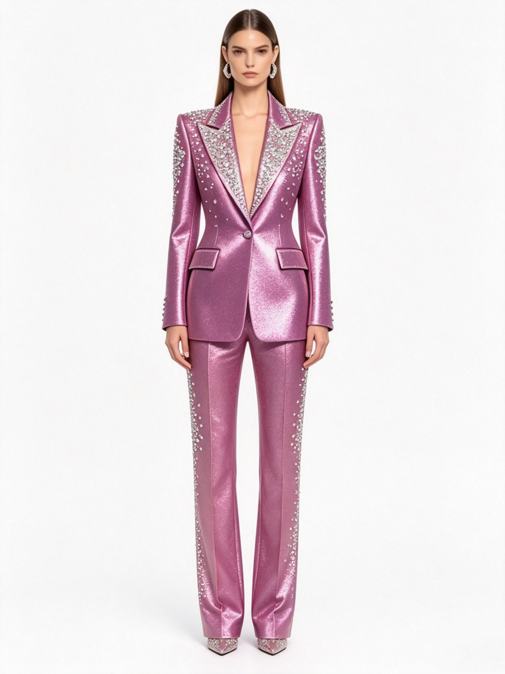 Women Formal Wear Coat - Luxury Crystals Pink Satin Women Suit