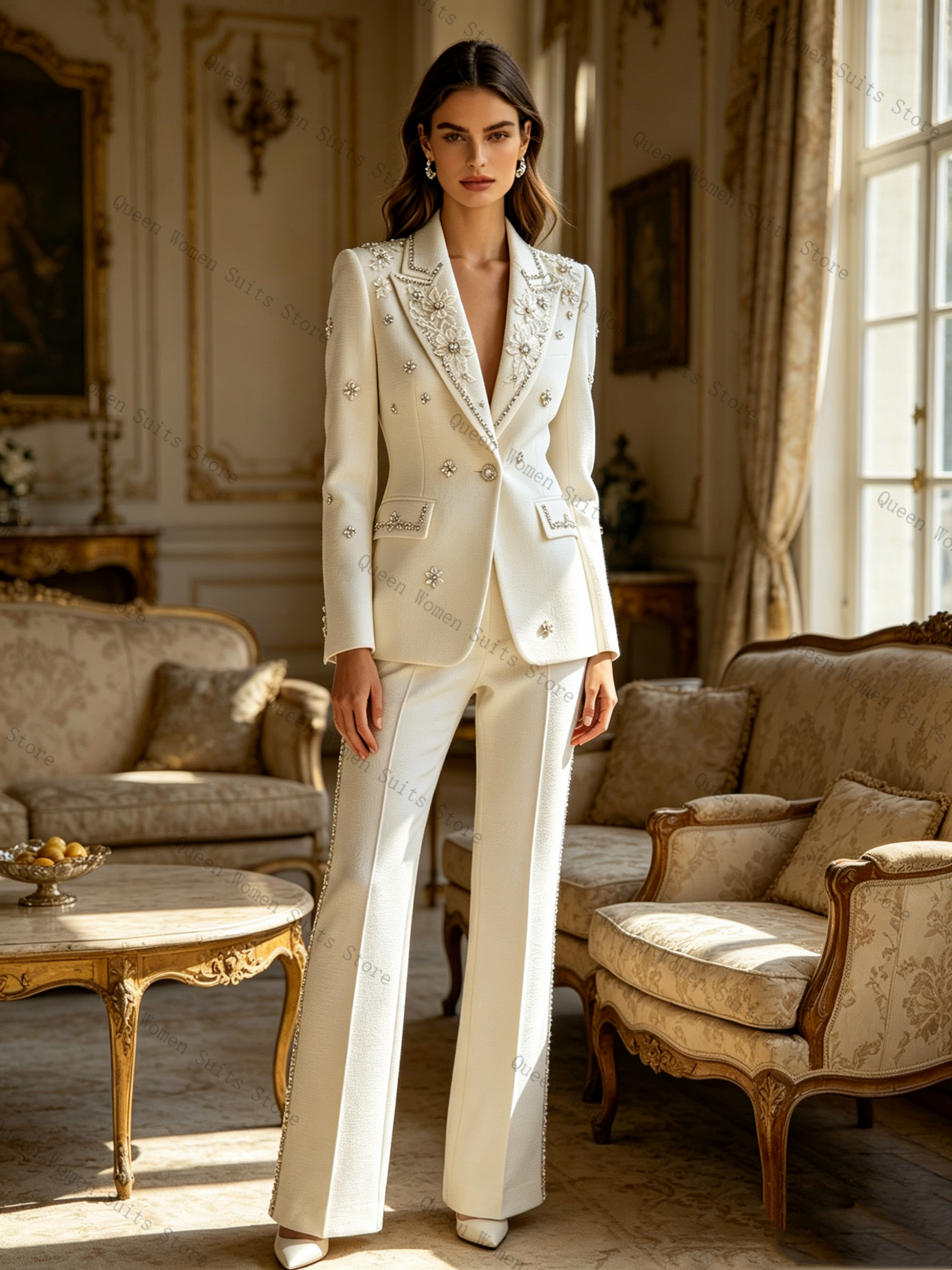 White Crystals Women Suit Set  - Women Formal Wear Coat บทวิจารณ์และราคา