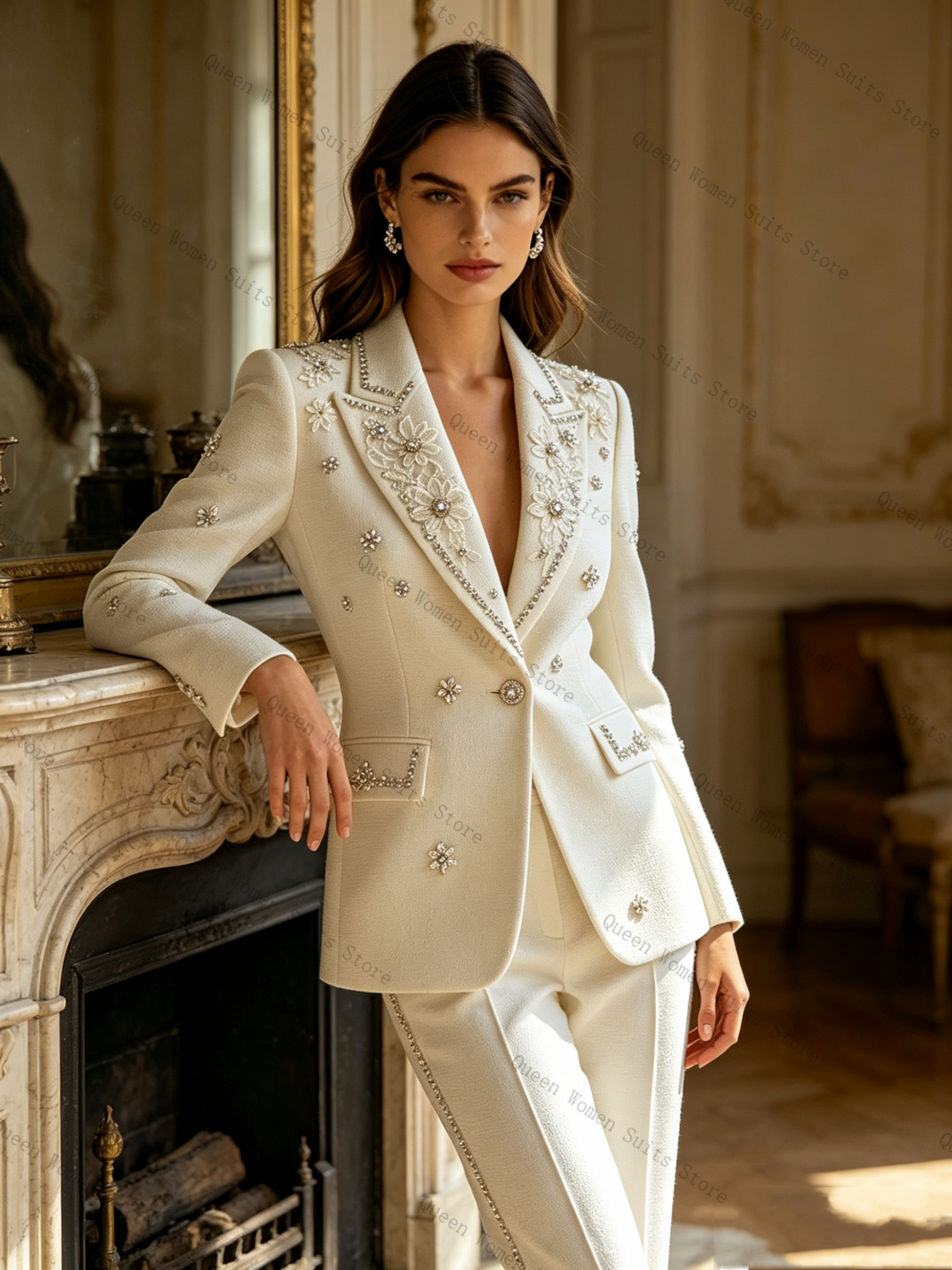 White Crystals Women Suit Set  - Women Formal Wear Coat บทวิจารณ์และราคา