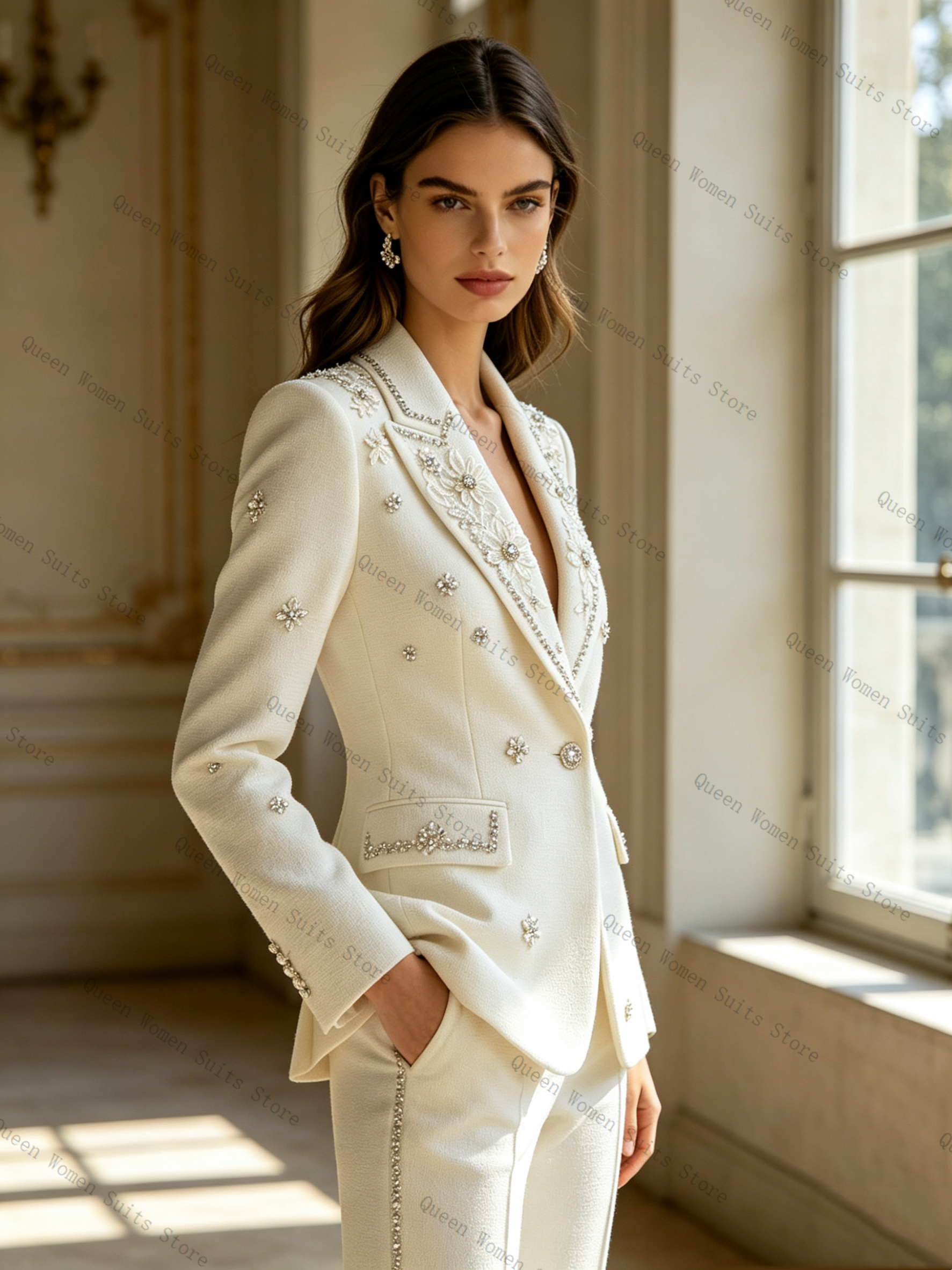 White Crystals Women Suit Set  - Women Formal Wear Coat บทวิจารณ์และราคา