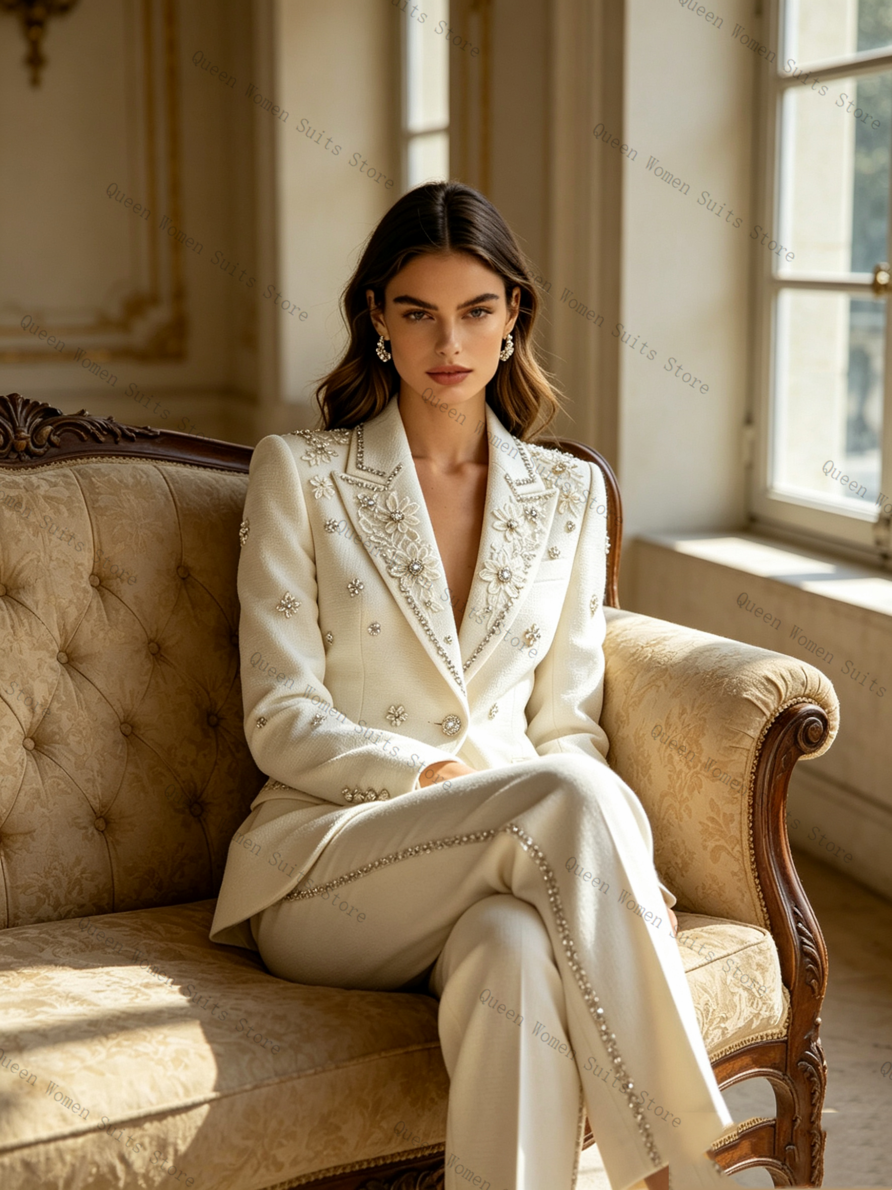 White Crystals Women Suit Set  - Women Formal Wear Coat บทวิจารณ์และราคา