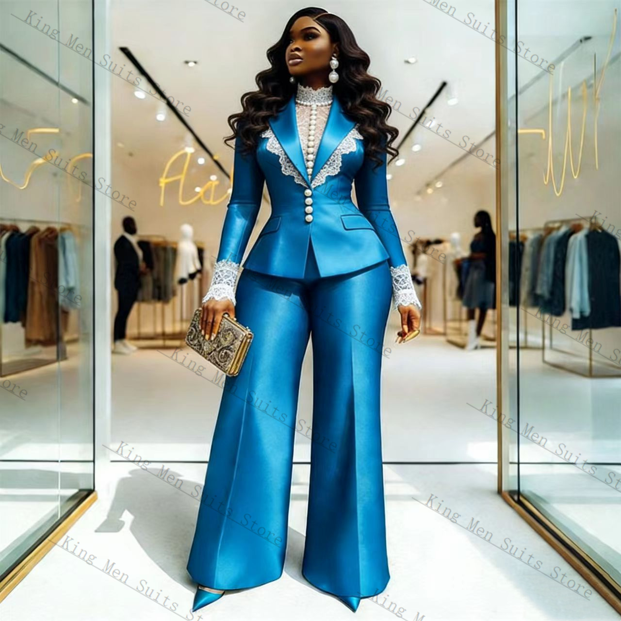 Blue Satin Lace Women Suit Set - Women Formal Wear Coat บทวิจารณ์และราคา