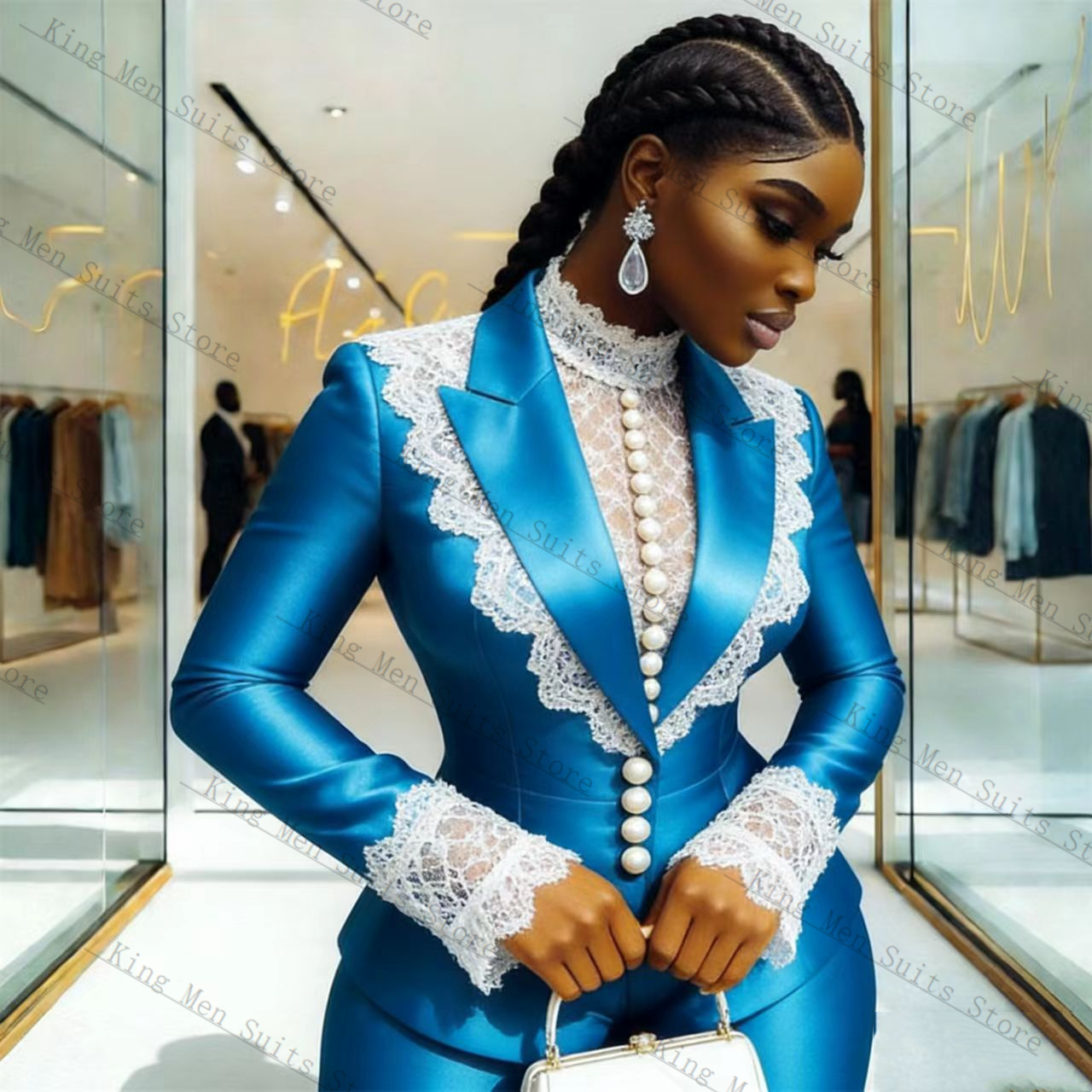 Blue Satin Lace Women Suit Set - Women Formal Wear Coat บทวิจารณ์และราคา