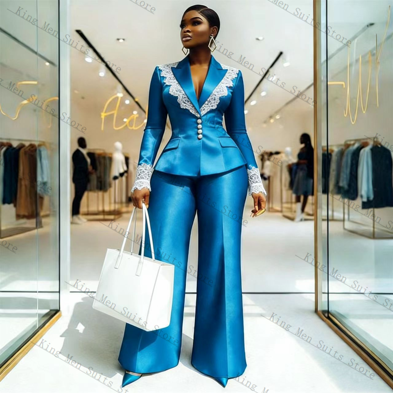 Blue Satin Lace Women Suit Set - Women Formal Wear Coat บทวิจารณ์และราคา