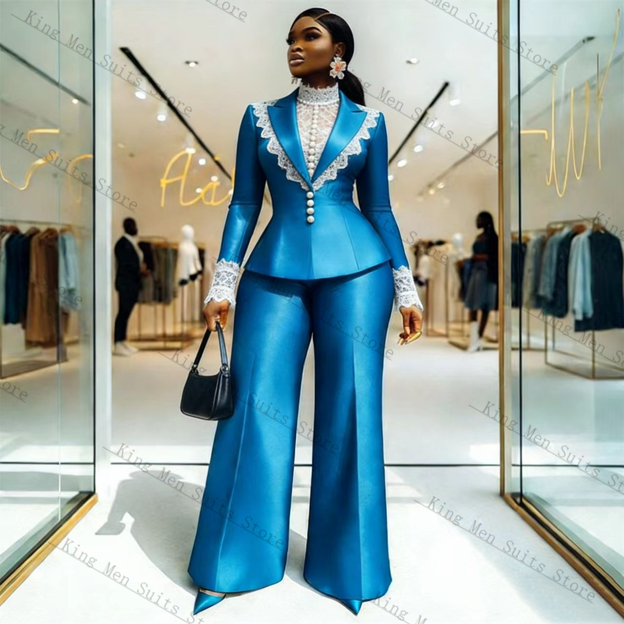 Blue Satin Lace Women Suit Set - Women Formal Wear Coat บทวิจารณ์และราคา