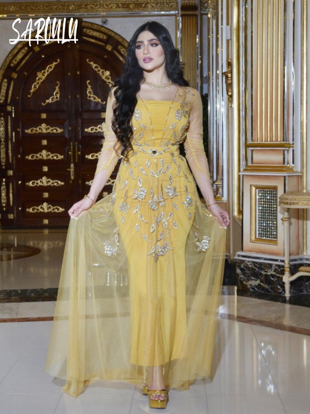 Elegant Yellow Caftan Evening  - Women Formal Wear Sale บทวิจารณ์และราคา