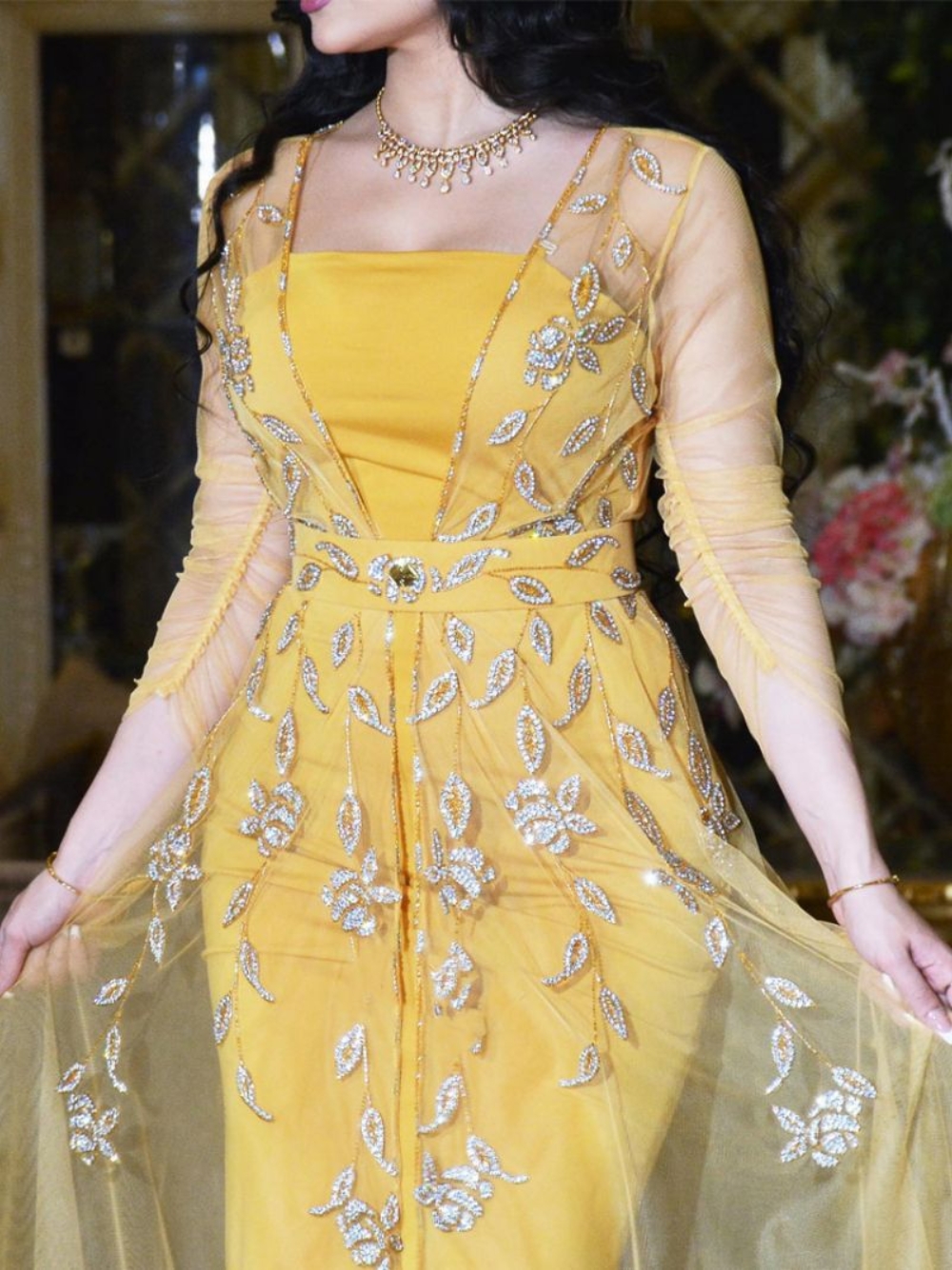 Elegant Yellow Caftan Evening  - Women Formal Wear Sale บทวิจารณ์และราคา
