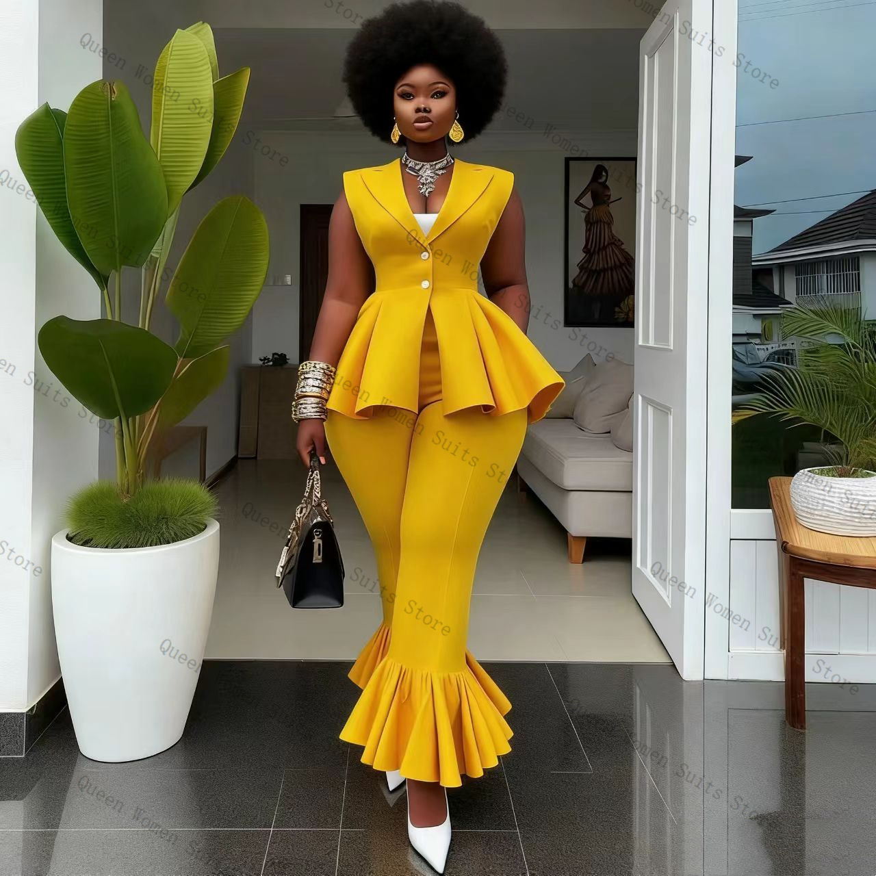Yellow Women Suit Pants Set 2  - Women Formal Wear Coat บทวิจารณ์และราคา