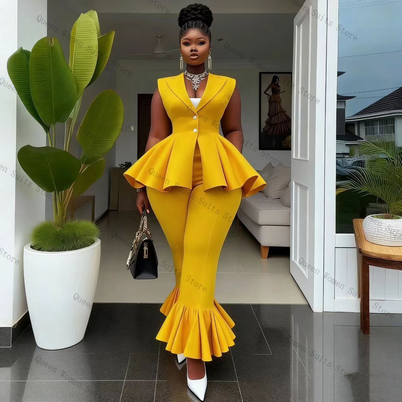 Yellow Women Suit Pants Set 2  - Women Formal Wear Coat บทวิจารณ์และราคา