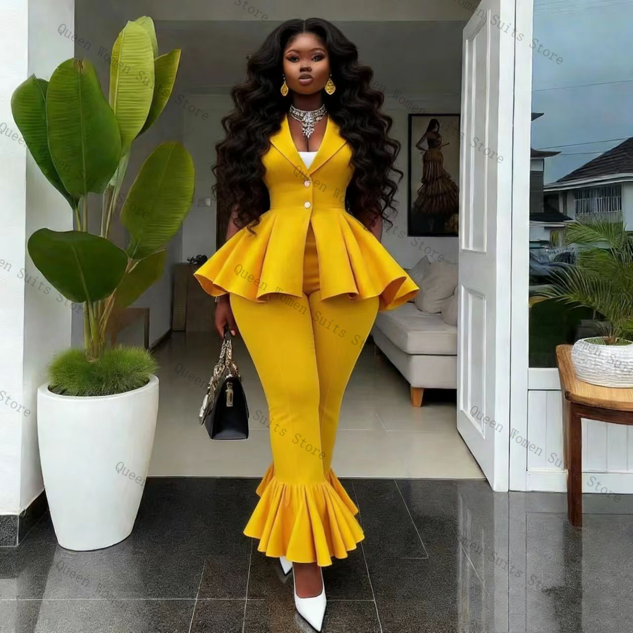 Yellow Women Suit Pants Set 2  - Women Formal Wear Coat บทวิจารณ์และราคา