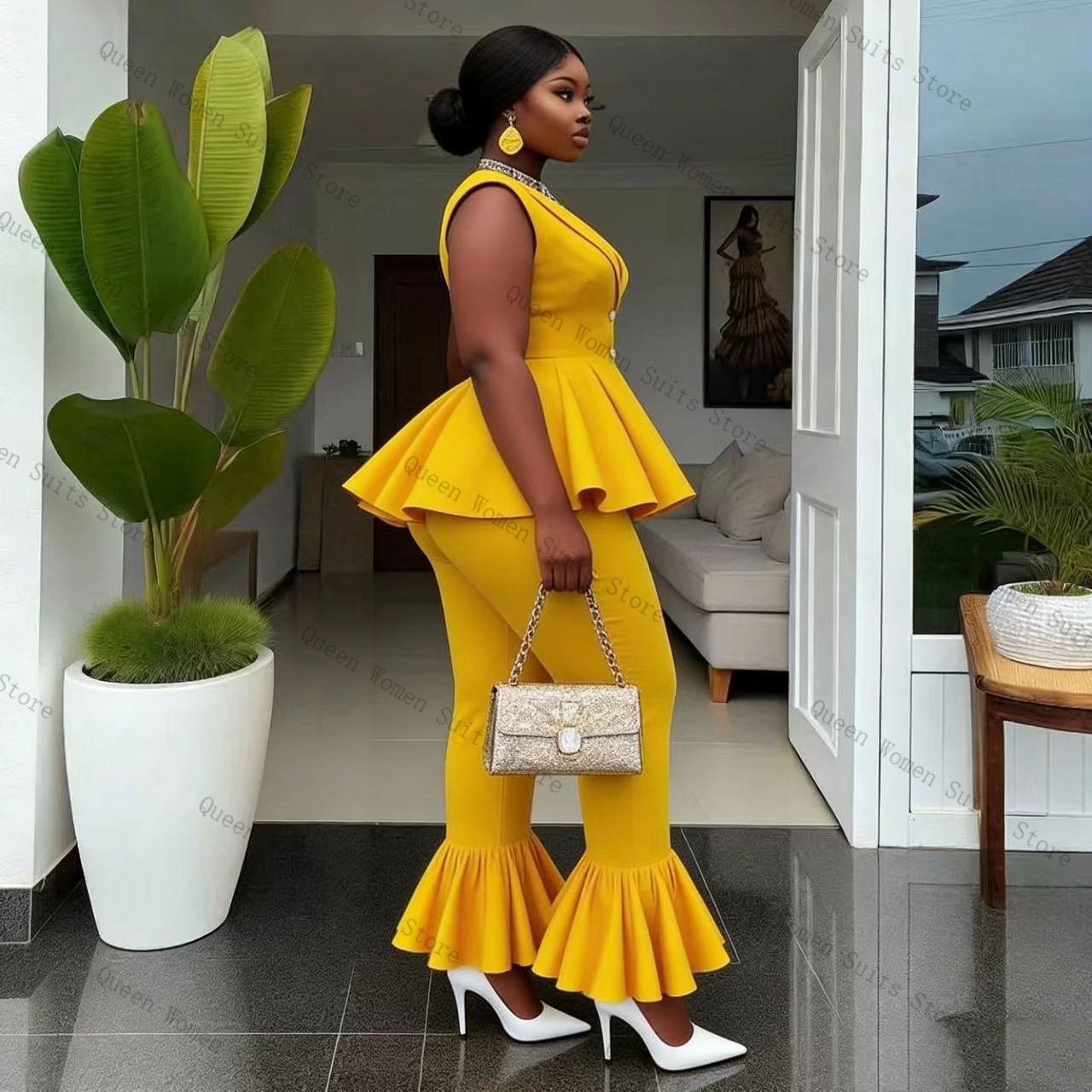 Yellow Women Suit Pants Set 2  - Women Formal Wear Coat บทวิจารณ์และราคา
