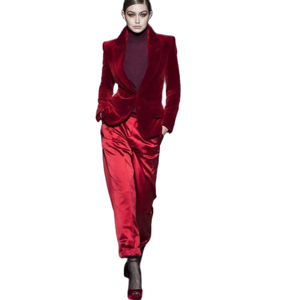 Women Pant Suits Wine Red Velv - Women'S Formal Wear For A Wedding บทวิจารณ์และราคา